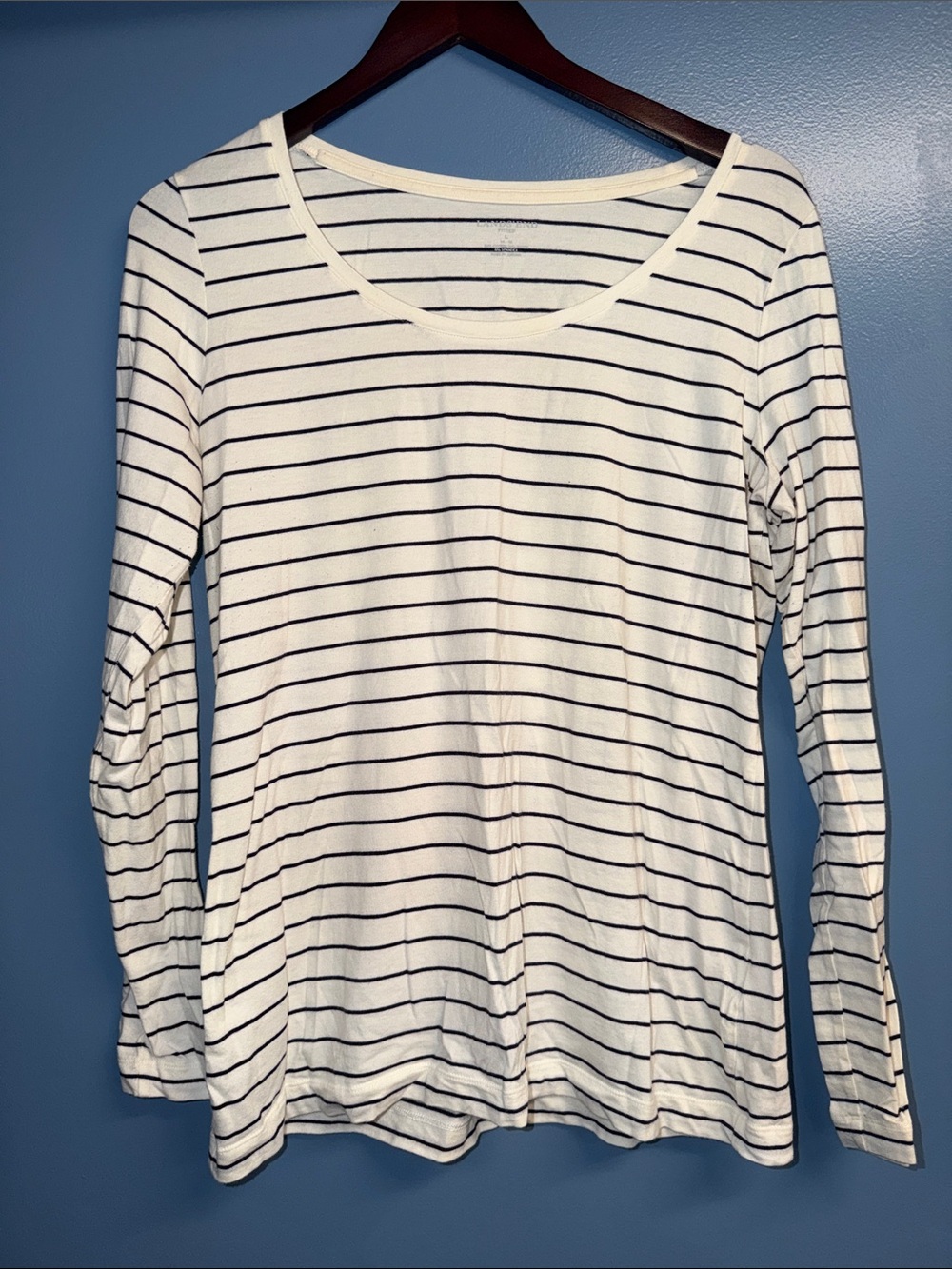 Lands' End White and Black Striped Long-Sleeve Scoop Neck Tee